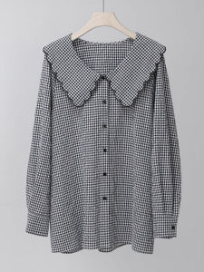 เสื้อเชิ้ตแขนยาวทรงหลวมสไตล์ฝรั่งเศสสำหรับผู้หญิงไซส์ใหญ่ ทรงเข้ารูป ปกเด็ก ลายสก็อต ทรงเข้ารูป เสื้อผ้าทำงาน