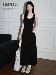 Elegant Black Two-Piece Vest Dress Womens Summer Unique Waist-Cinching A-Line Long Skirt Casual Style No-Sleeve U-Neck Gown
