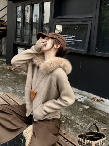 Casual Hooded Sweater Coat With Detachable Fur Collar Flattering Fit