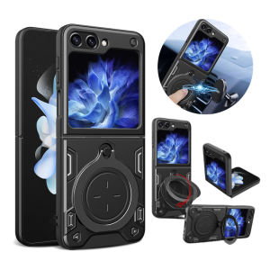 FLOVEME Armor Rotating Bracket Folding Phone Case For Samsung Galaxy Z Flip 5 5G Magsafe Holder Wireless Charging Hard PC Anti-fall Shockproof Back Cover For Galaxy Z Flip 5
