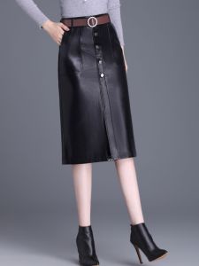 Slimming High Waist Mid-Length PU Leather Skirt Womens Autumn Winter New Style Hip Covering Bodycon Half-length Casual One-step Skirt