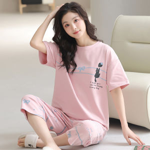 MiiOW | Bộ đồ ngủ cotton nguyên chất mùa hè cho nữ tay ngắn quần dài đến đầu gối mỏng mặc ở nhà thoải mái thoáng khí