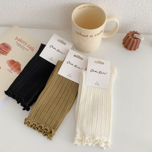 Lace Trim Mid-Calf Socks Womens Spring Autumn Cotton Socks Mary Janes Pure Color Chunky Socks Breathable Moisture Wicking