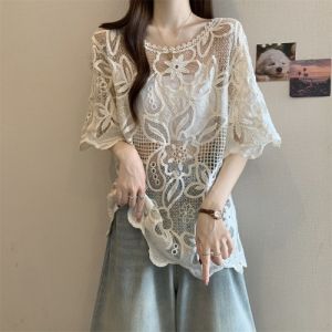 SHIMANQING | Floral Lace Hollow Out Plus Size Summer Blouse