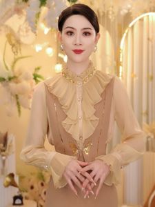 เสื้อเชิ้ตผู้หญิงสไตล์ฝรั่งเศสหรูหรา เสื้อเชิ้ตทรงเข้ารูป เสื้อเชิ้ตแขนยาว ทรงเข้ารูป แฟชั่นฤดูใบไม้ผลิ 2025