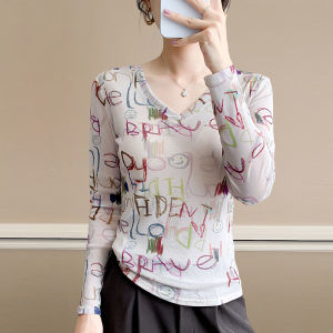 REHIN เสื้อยืดแขนยาวพิมพ์ลายคอวีผู้หญิงเสื้อสตรีแฟชั่นยืดได้เข้ารูปพอดีฤดูใบไม้ร่วงฤดูหนาว