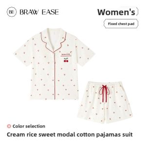 BE | Wearable Outside Modal Cotton Womens Pajamas With Chest Padding Autumn Spring Short Sleeve Shorts Home Suit