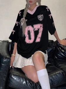 New Womens No.7 Letters Printed V-Neck Short Sleeve Summer Soccer Jersey Loose Casual Sports Womens T-Shirt Short Sleeve