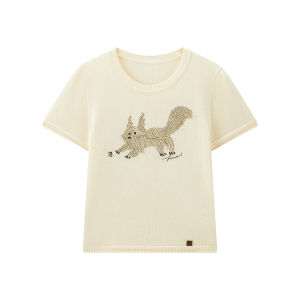PEACEBIRD | Squirrel Embroidered Short Sleeve Linen Tencel Blend Knit