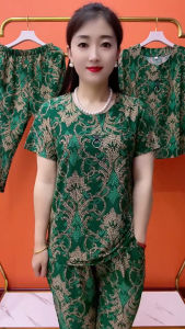 Cooling Ice Silk Short Sleeve Set for Mom Summer 2024 Womens Clothing Lightweight Breathable round Neck T-Shirt Pants Ensemble