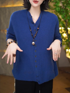 QINGNAER | Elegant Long-sleeved Round-necked Blue Knitted Cardigan