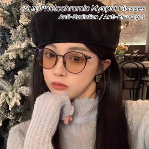 🔥B.two👍 Sun Photochromic Myopia Glasses Anti-blue Light Lens Oval Frame Light Fashion Retro Student Work