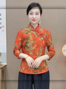 New Chinese Style Cheongsam Improved Top Young Moms Retro Button Floral Slimming Small Shirt Ethnic Loose Fit T-shirt