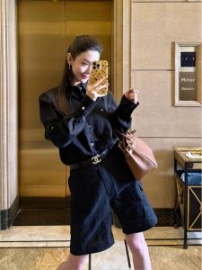 VKSOD | French Fashion Long Sleeve Black Shirt Top Women Summer Casual Wide Leg Shorts Two Piece Set Polo Collar Button Up VKSOd