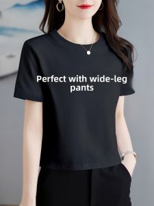 LINGLONGDAI | Pure Cotton Black Short Sleeve Womens T-shirt Slimming Summer Top Short Base Shirt Age-defying Korean Style Commute Wear