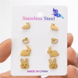 4Pairs/Lot 2024 Stainless Steel Bunny Rabbit Earrings for Women Cute Animal Stud Earring Everyday Jewelry Easter Gift