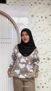 Oneset Sweater Rajut Yunita Motif Love Setelan Celana Kulot Premium Wanita Kekinian