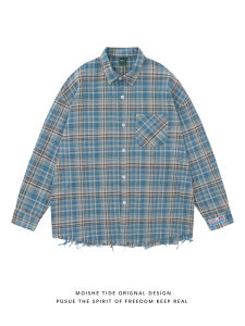 เสื้อเชิ้ตแขนยาวทรงหลวมสไตล์อเมริกันสำหรับฤดูใบไม้ผลิและฤดูใบไม้ร่วง MOISHE TIDE ลายสก็อต ทรงหลวม สำหรับผู้ชายและผู้หญิง