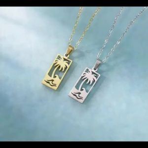 Beach Wave Palm Tree Pendant Necklace Stainless Steel Necklace Womens and Mens Double Layer Chain Couple Birthday Party Gift