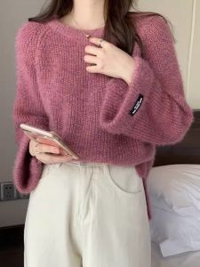 เสื้อสเวตเตอร์ถักแขนกระดิ่งหลวมๆ อบอุ่นสำหรับผู้หญิง ฤดูใบไม้ร่วง 2025 คอตั้ง สไตล์เกาหลี แขนยาว ปกติ