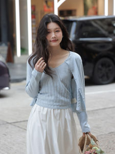 Blue Knitted Open Cardigan Set Womens Spring Chic Korean Style Sweet Natured Unique Top Outerwear Two-Piece Set Regular Thickness