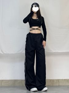 XXBUNI Jazz Thin Dance Pants Quick Dry Black Workwear Casual Loose Waist Wide Leg Pants Womens High Waist Long Trousers