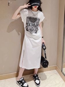 Casual Girls Summer Dress Korean Style Straight Tube T-Shirt Skirt Childrens Fashion Short Sleeve Split Skirt