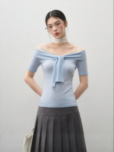 La lune Du ciel | Áo Thun Ôm Body Asymmetric Off-Shoulder Nơ MESH và Knit