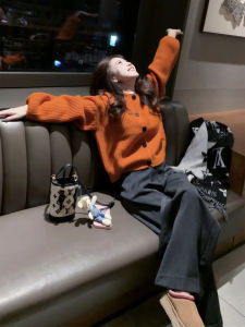 QFN | Dopamine Fashionable High-end Orange Knit Top and Wide-leg Pants Autumn Suit