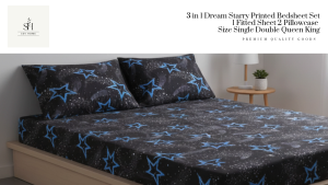 SevHome 3 in 1 Dream Starry Printed Bedding Set Bedsheet Garterized Bed Sheet 1 Fitted Sheet cover 2 Pillow Case Size Single Double Queen King