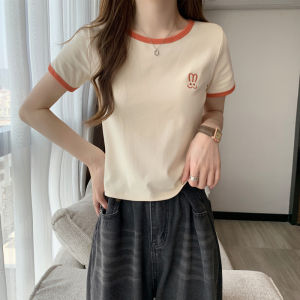 Pink Short Sleeve T-Shirt Womens Slim Fit Summer New Embroidery Design round Neck Short Style Korean Version Cotton Blend