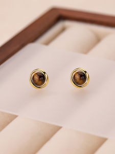 OUGUI | S999 Sterling Silver Geometric Golden Tigers Eye Earrings For Women