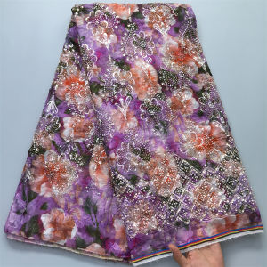 Luxury African Floral Print Net Lace Fabric Beadeds Sequins Embroidery Mesh Tulle Lace For Nigerian Wedding Evening Party Dress