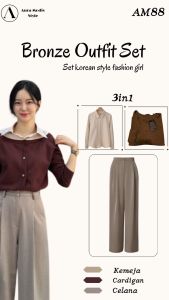 OOTD One set 3in1 Korean Style Wanita ( Kemeja Basic + Cardigan Waffle + Celana ) AM88b