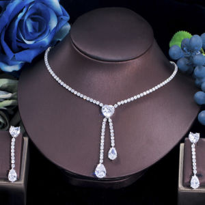 SEQUITO Stunning Silver Plated Round and Heart Shape AAAAA CZ Zirconia with Tear Drop Dangle Earrings Tassel Pendant Necklace Set Women Jewelry Sets for Engagement SJ345
