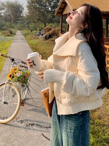 Laid-back Chic Short down Jacket Thickened Knitted Patchwork Cotton Coat Large Collar Autumn Fashion Small Stature Womens Outerwear