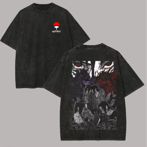 Bandai | Naruto Itachi Sasuke T Shirt Brothers Uchiha Sharingan Vintage Acid Wash Streetwear Casual Retro Anime Men Tees Clothing