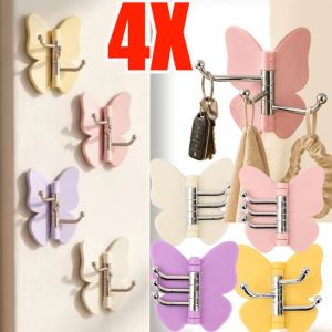 4pcs Self Adhesive Butterfly Shaped Wall Hook with 3 Rotatable Hooks / Heavy Duty Moisture-Proof Hanger / Multipurpose Organizer for Kitchen Bathroom and Entryway