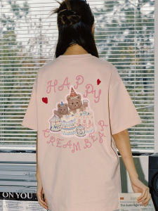 Sweet Cute Style Pure Cotton Short Sleeve T-Shirt Womens Summer 2024 New Arrival Half Sleeve Pink Bear Print Casual Loose Fit