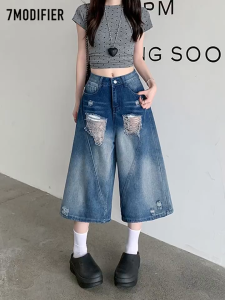 กางเกงยีนส์ กางเกงยีนส์ 7 ส่วน สไตล์วินเทจ แต่งขาด กระเป๋ามีรูปสวย#1260