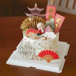 New Chinese Style Birthday Cake Decoration Longevity Peach Grandpa National Style Fan Plug-in Wooden Screen Mountain Yunting Dessert Decoration