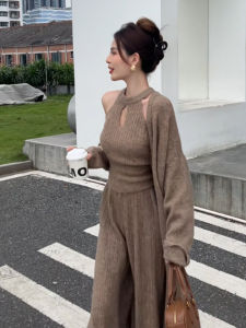YUEZHONGWEI | Korean Spring Match 3-Piece Set Mid-long Cardigan Halter Lace-Up Top Wide Leg Pants