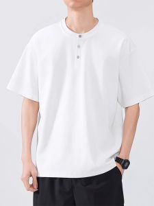 American Style Loose Fit Short Sleeve T-Shirt Pure Cotton Lycra Cotton Retro Polo Collar Mens Summer White Henry Shirt