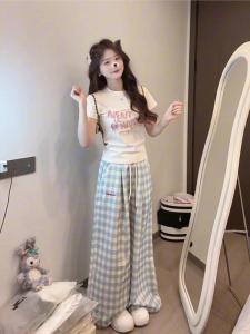 (CLE)Alisa.Sonya Women Casual Elastic High Waist Loose Pants with Pockets Plaid Straight Wide Leg Soft Daily Trousers