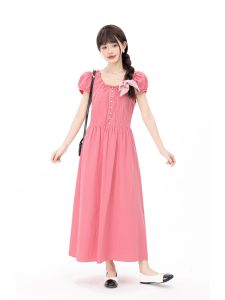 ชุดเดรสยาวแขนพองสีแดงสไตล์เกาหลี ทรงเข้ารูป ชุดเดรสยาวคลุมเข่าสำหรับผู้หญิงในฤดูร้อน ชุดทำงาน แขนสั้น คอตั้ง