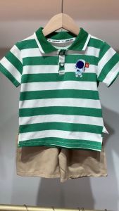 Childrens clothing set summer polo suit fashionable striped astronaut embroidered baby suit two-piece summer set