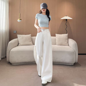 White Wide Leg Denim Jeans Womens Autumn New Style High Waist Cotton Stretchy Slimming Drapey Meat Covering Fat Ladies Straight Pants