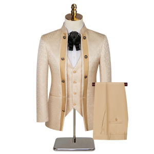 3 Piece Champagne Jacquard Mens Wedding Suit Blazer Vest Pants Set Slim Fit Business Groom Costume for Party DinnerMale Outfit