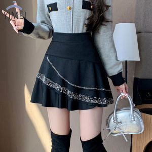 YIGE กระโปรงกึ่งสั้นกึ่งยาวสีดำสำหรับผู้หญิง2024ชุดกระโปรงเป็นชั้นใหม่กระโปรงทรงเอเข้ารูปพอดีและกระชับสัดส่วนฤดูใบไม้ร่วงและฤดูหนาวกระโปรงสั้นยางยืดประดับเพชร