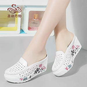 Genuine Leather Semi-Slippers Womens Thick Sole Platform Shoes Wedge Closed Toe Loafers High Heel Korean Style Outdoor Slippers Heel-Free Shoes